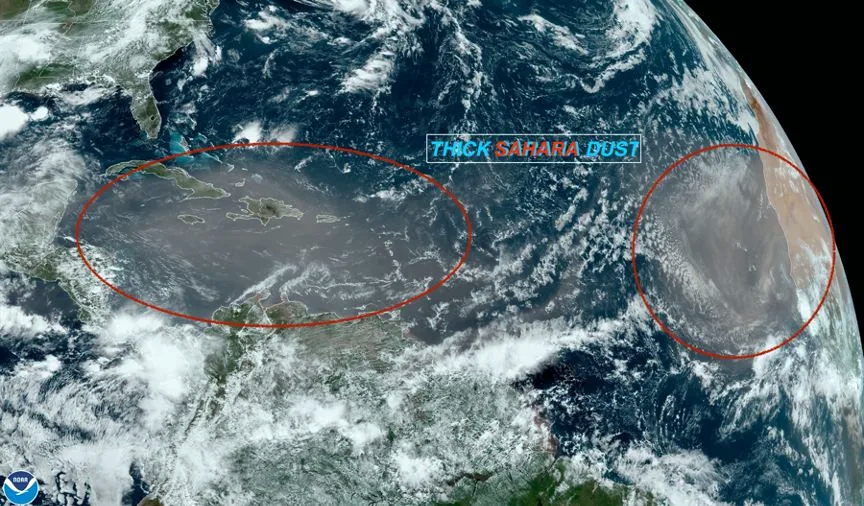 satellite image of Saharan dust over the Atlantic