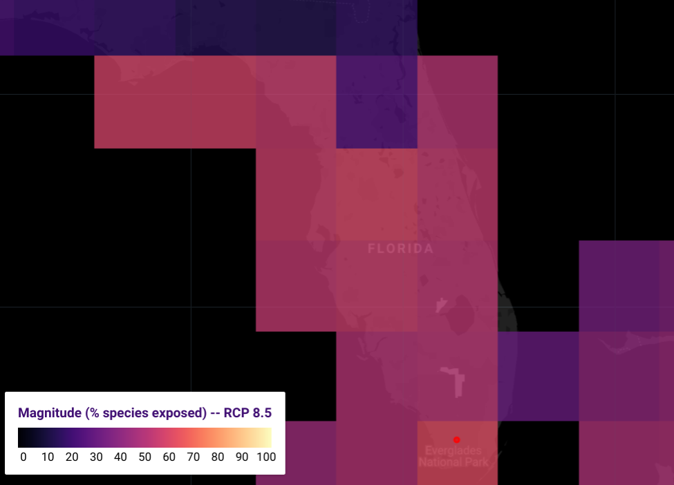 Species grid cell map of Florida showing percentage of species exposed by 2100