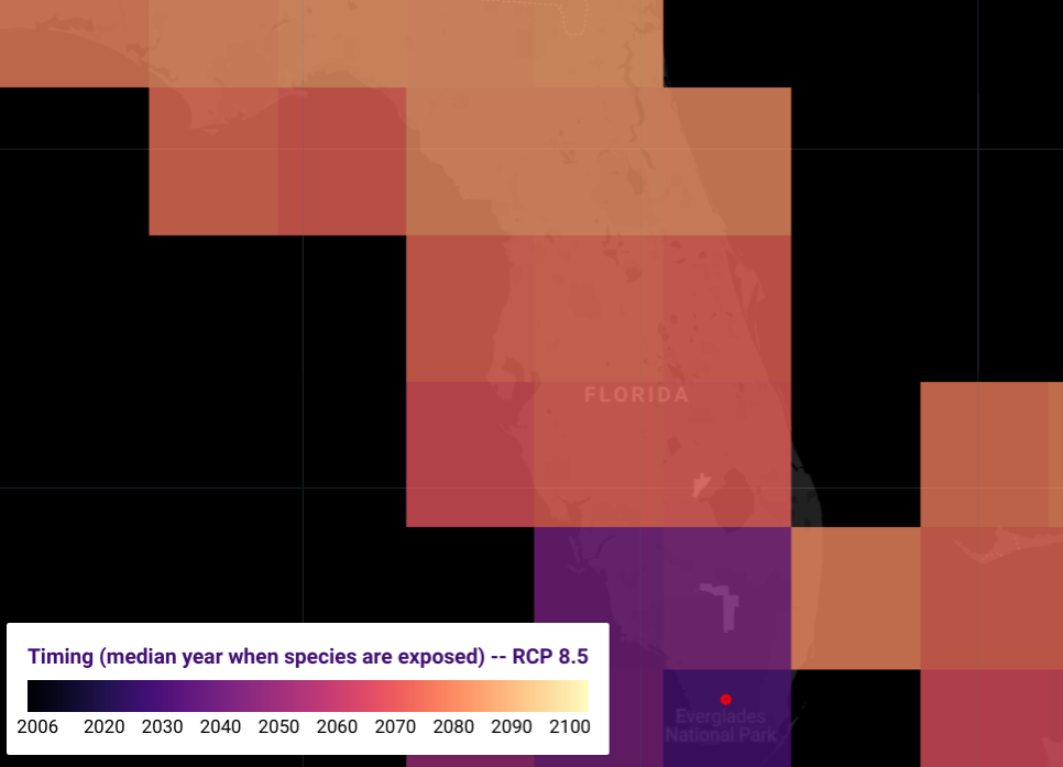 Florida grid cells showing the median year of the decade of maximum species exposure