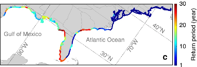 predicted 100 year coastal flooding return interval 2070-2095