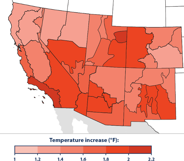 map of southwest usa warming temperatures