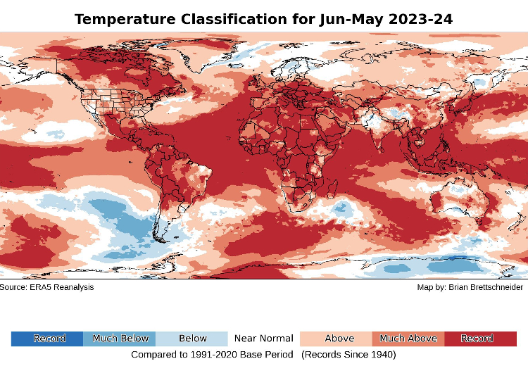 map showing record temperatures from June 2023 through May 2024