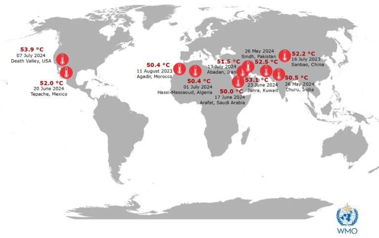 Map showing temperatures over 50C July 2023 through July 2024