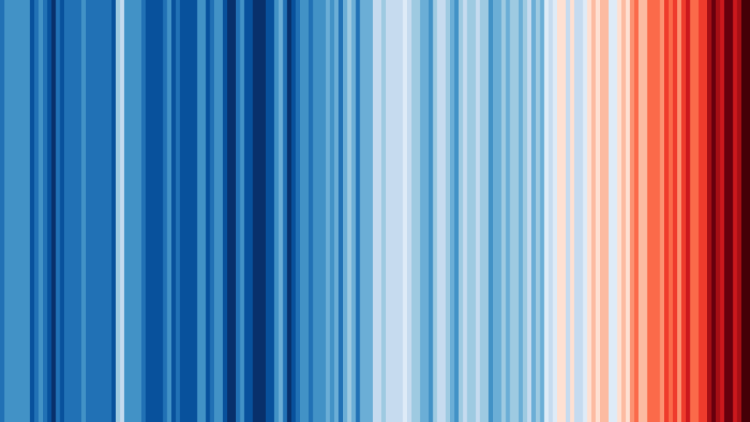 Warming Stripes graphic of global temperatures from 1850 to 2024