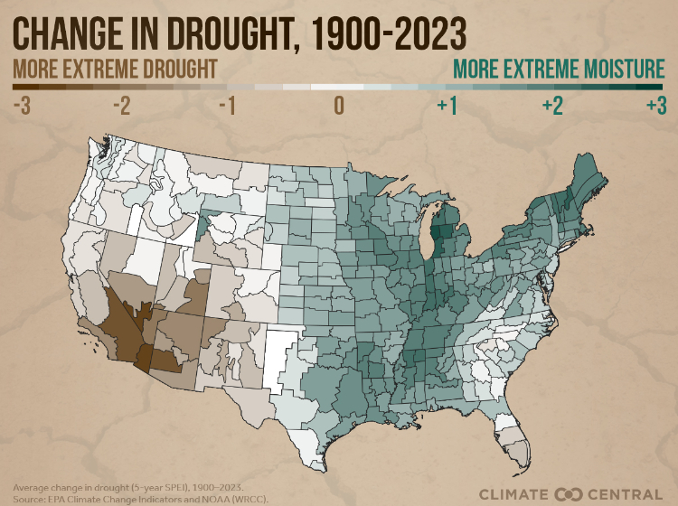Map of the continental US showing change in drought 1900-2023