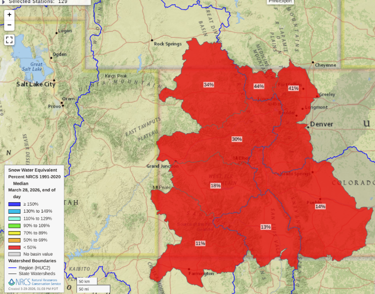 Colorado River upper basin snowpack March 31, 2026