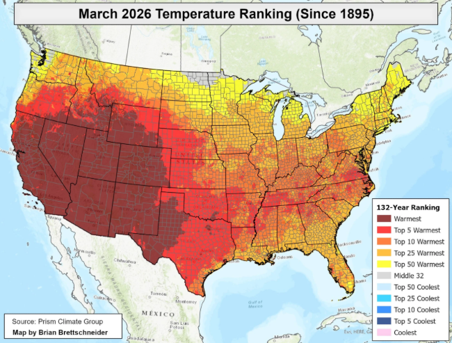 Lower 48 map of temperature ranking