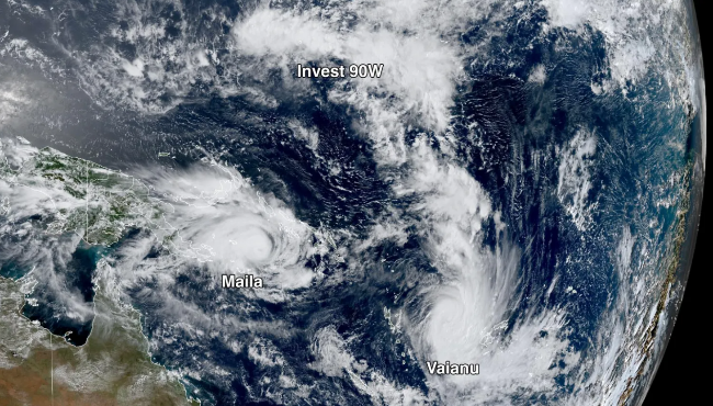 April 2025, "triplet" cyclones straddling the equator