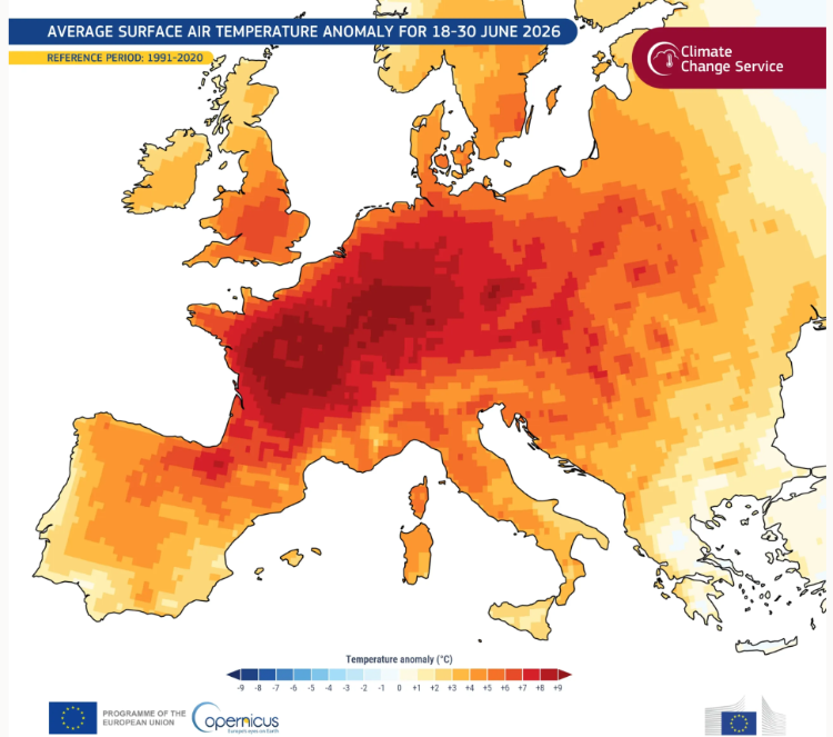 Map showing June heat anomalies for Western Europe