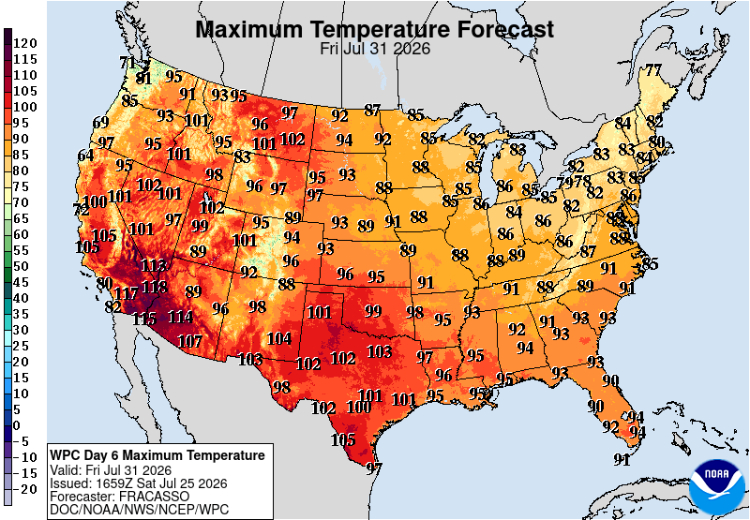 US map of predicted heatwave temperature for July 31, 2026