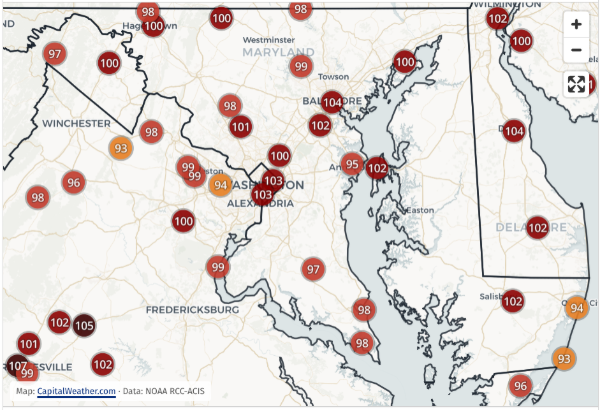 July 4 temperatures in the Washington DC area