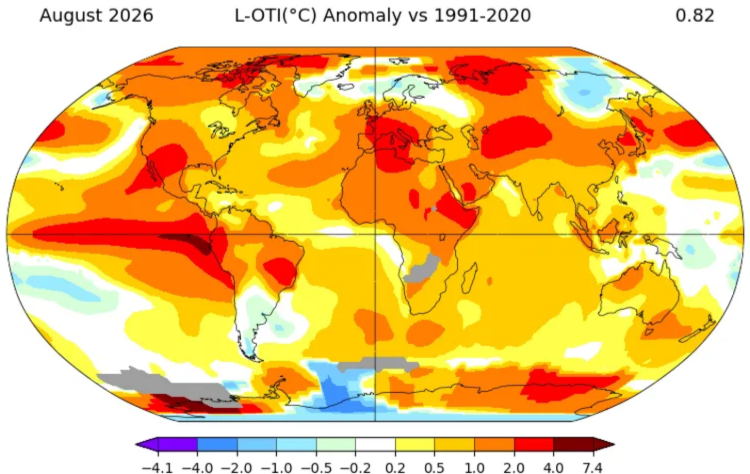 global land-ocean temperature anomaly August 2026