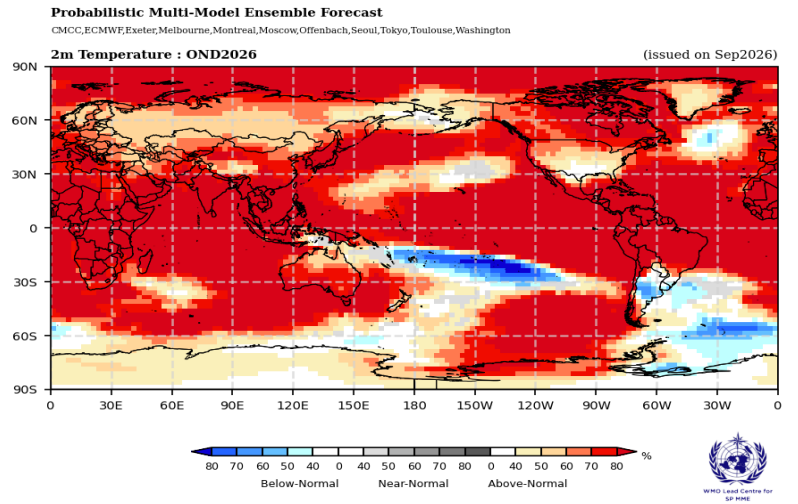 WMO 2 meter temperature global forecast (OND 2026)