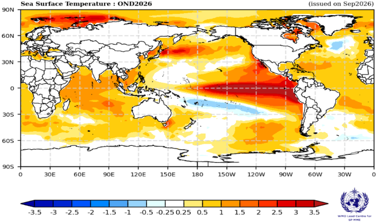 Global map of WMO October-December SST anomaly forecast